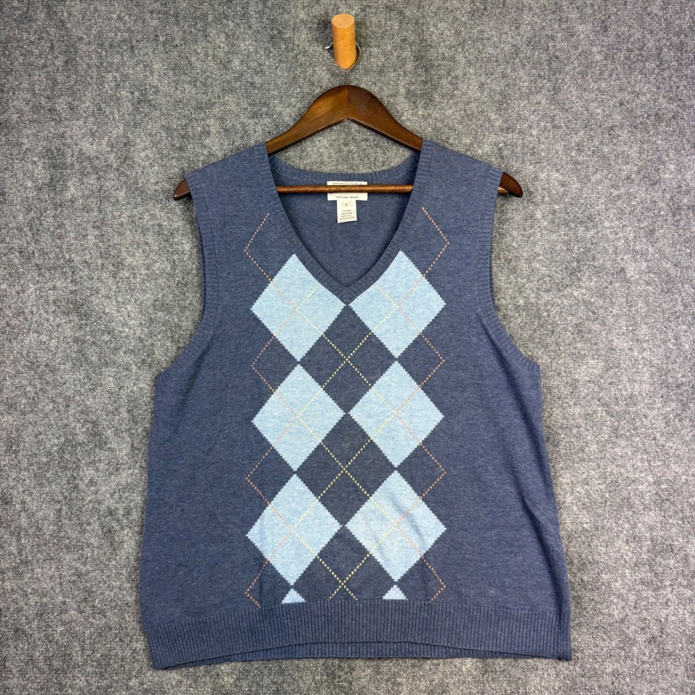 Pendleton Sweater Vest Mens L Blue Argyle V-Neck Cotton Knit Preppy Layering